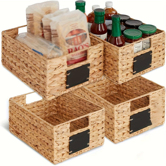 Pantry Baskets with Chalkboard Labels - Natural Water Hyacinth Woven Storage Bins 9"x12"x5", Kitchen Shelf Organizers, Available in 1, 2 & 4 Pack