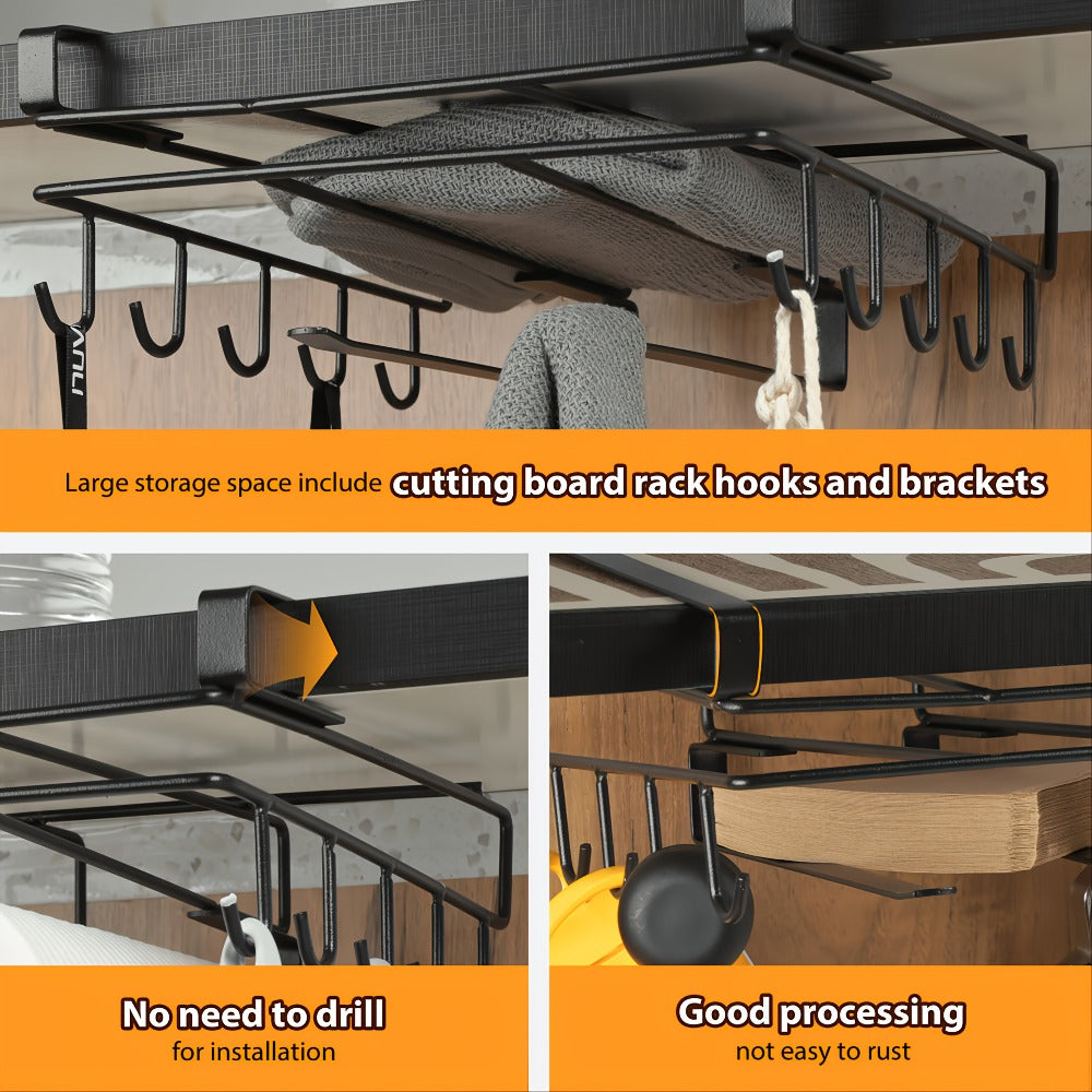 Under Cabinet Organizer Rack with Hooks – Heavy Duty Carbon Steel Kitchen Shelf for Utensils, Towels, Cups & Cutting Boards – No-Drill Door-Mount Space-Saving Kitchen Storage