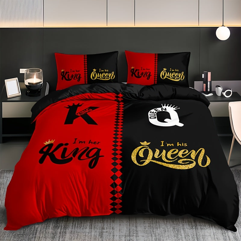 King and Queen Print Duvet Cover Set with Two Pillowcases, Three Styles and Four Bed Sizes