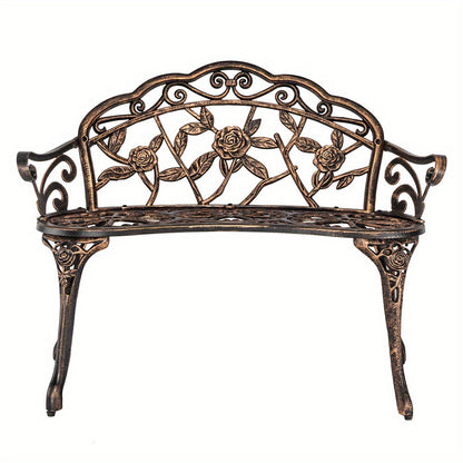 Floral Metal Outdoor Bench with 38.5in Rose-Pattern Seat and Back, Curved Arms and Four Color Options