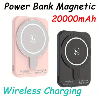 20000mAh Magnetic Wireless Power Bank with Lower-Edge Wired Ports, Side Button and Black or Pink Finish