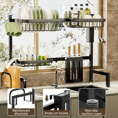 Over-Sink Dish Drying Rack Kitchen Organizer, 30-33.9-Inch Two-Tier Frame with Seven Removable Accessories
