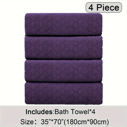 Oversized Bath Towel Set 4 Piece Diamond Pattern Microfiber - Ultra Soft Highly Absorbent Quick Dry | 10 Colors | Blue Green Black Gray Navy Orchid Brown Purple White Turquoise | Bathroom Hotel Gym Gift