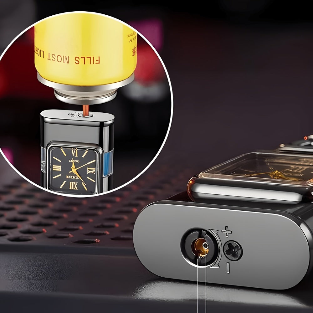 Quartz-Dial Torch Lighter with Rectangular Black Body and Three Sculpted Top Style Options