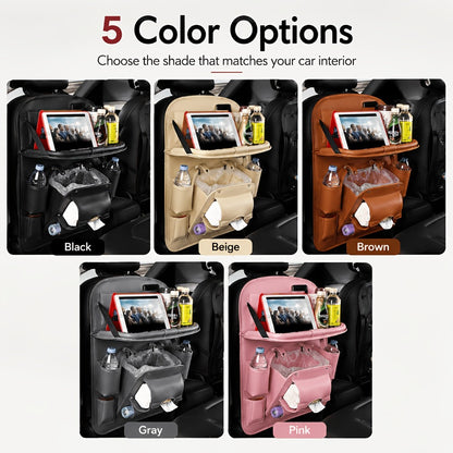 One-Piece Seatback Car Organizer with Fold-Down Tray, Cup Recesses, Mesh Pockets and Four Colors