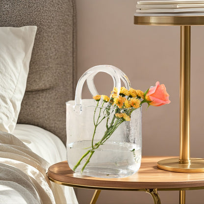 Clear Bubble Glass Purse Vase with Handbag Handles, 1- or 2-Piece Set and 10.4-Inch Height