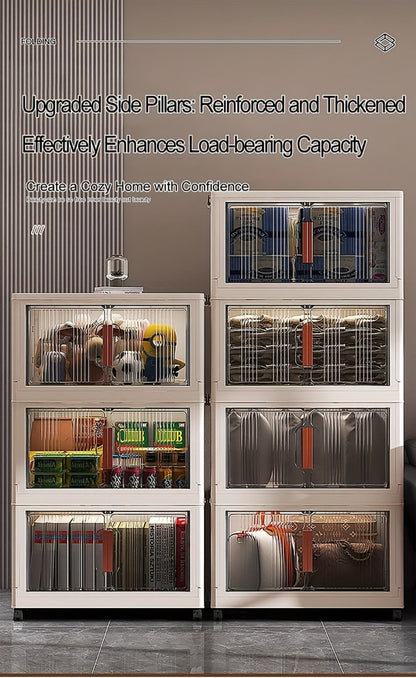 Storage Cabinet Folding Plastic Organizer with Magnetic Doors, Lockable Wheels and Three to Five Tiers
