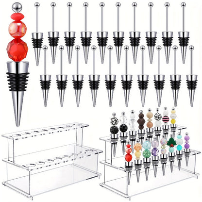 Twenty-Piece Beadable Wine Bottle Stopper Set with Silver-Tone Stems and Clear Two-Tier Display Rack