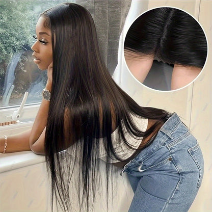 Straight Black Human Hair Wig with 5x5 HD Lace Closure and Nine Length Options from 16 to 34 Inches