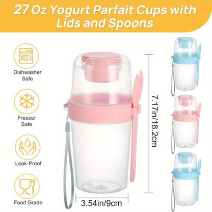 Four-Pack 27 oz Yogurt Parfait Cups with Spoons, Leak-Resistant Lids and Separate Topping Compartments