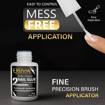 Nail Glue, EXSIVIA 10ml Brush-On Bottle with Fine Applicator for Press-On Nails, Acrylic Tips and Nail Art
