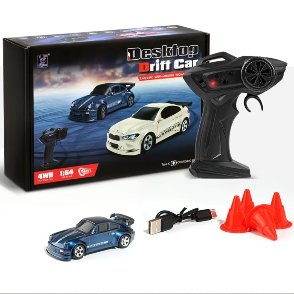 Mini RC Drift Sports Car 1:64 Scale with 4WD Layout, LED Details, Remote Controller and Two Color Options