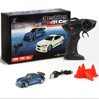Mini RC Drift Sports Car 1:64 Scale with 4WD Layout, LED Details, Remote Controller and Two Color Options