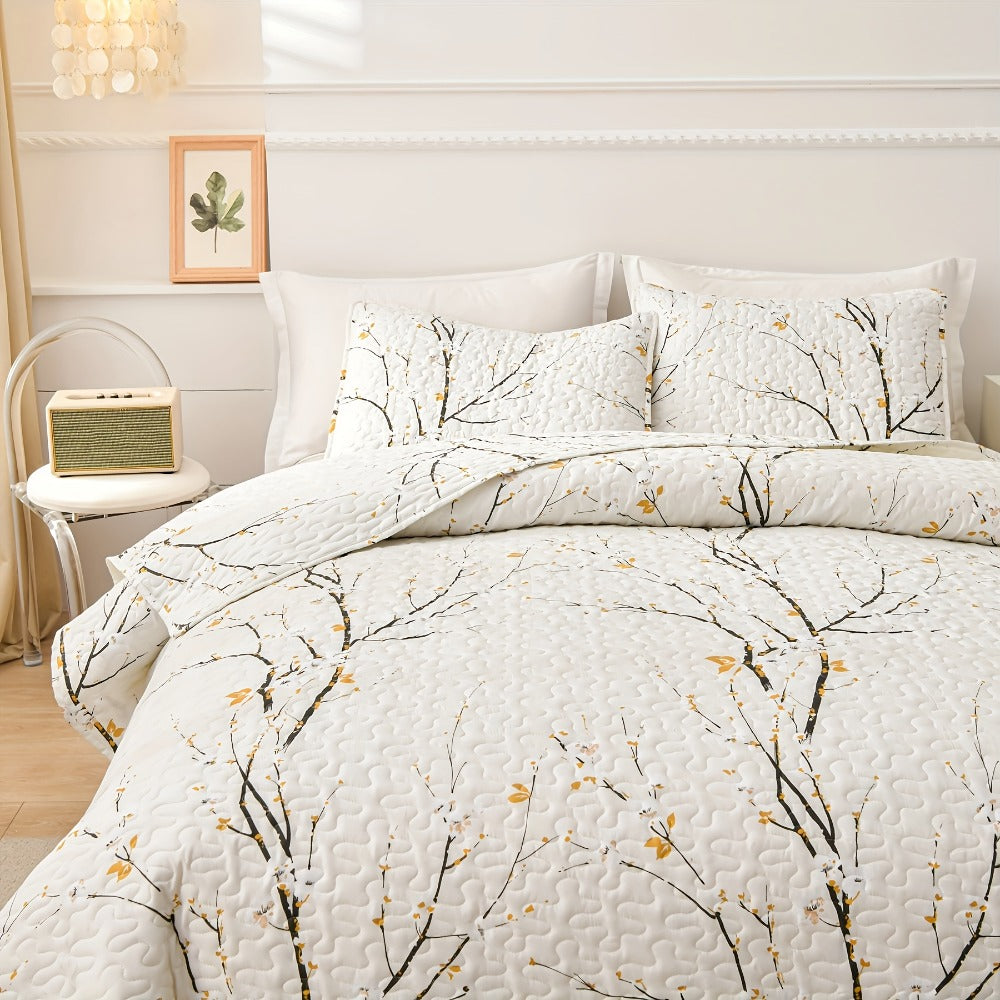Reversible Botanical Microfiber Quilt Set with Pillow Shams, Five Patterns and Twin, Full/Queen or King Sizes