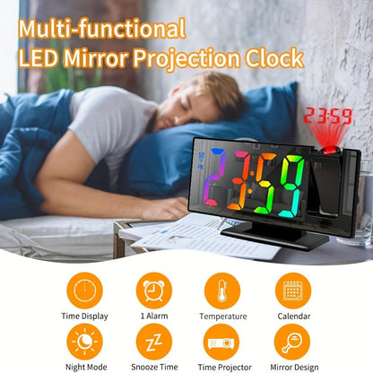 Digital Alarm Clock with LED Mirror Screen Projection Clock for Ceiling Wall Temperature Date Display Bedroom Desk Clock Large Display Home Office Bedside Clock Black