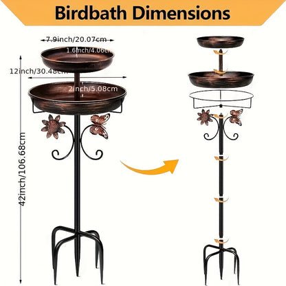 Two-Tier Bird Bath and Feeder with 5-Claw Ground Stake, Copper-Color Bowls and Leaf Accents