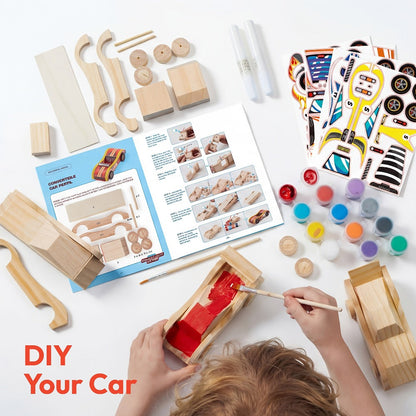 DIY Wooden Race Cars 4pcs Build & Paint Kit for Kids Ages 8+, 44 Pre-Cut Pieces 12 Colors Racing Stickers