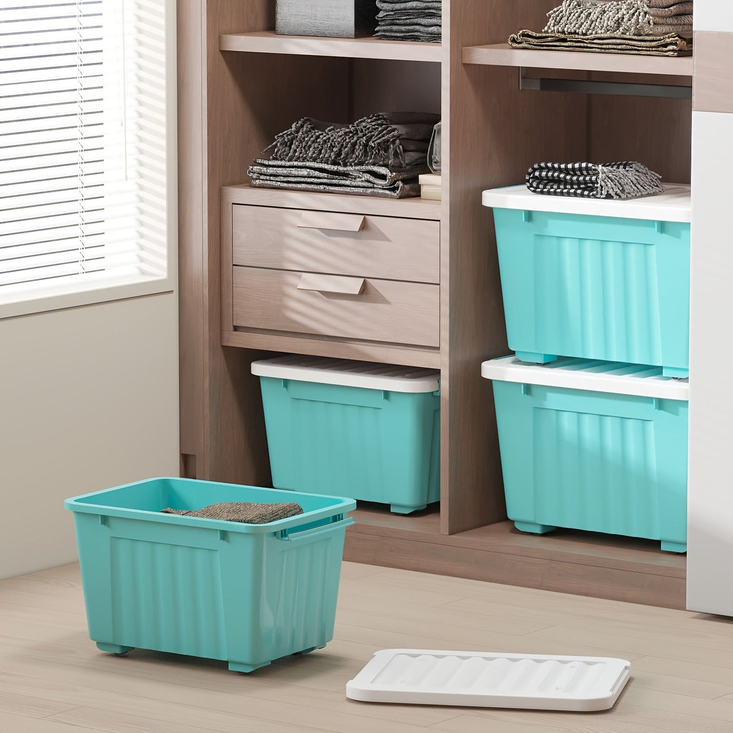Stackable 72- and 97-Quart Storage Bin Sets with Lids, Wheels, Three Colors and 4- or 6-Pack Options