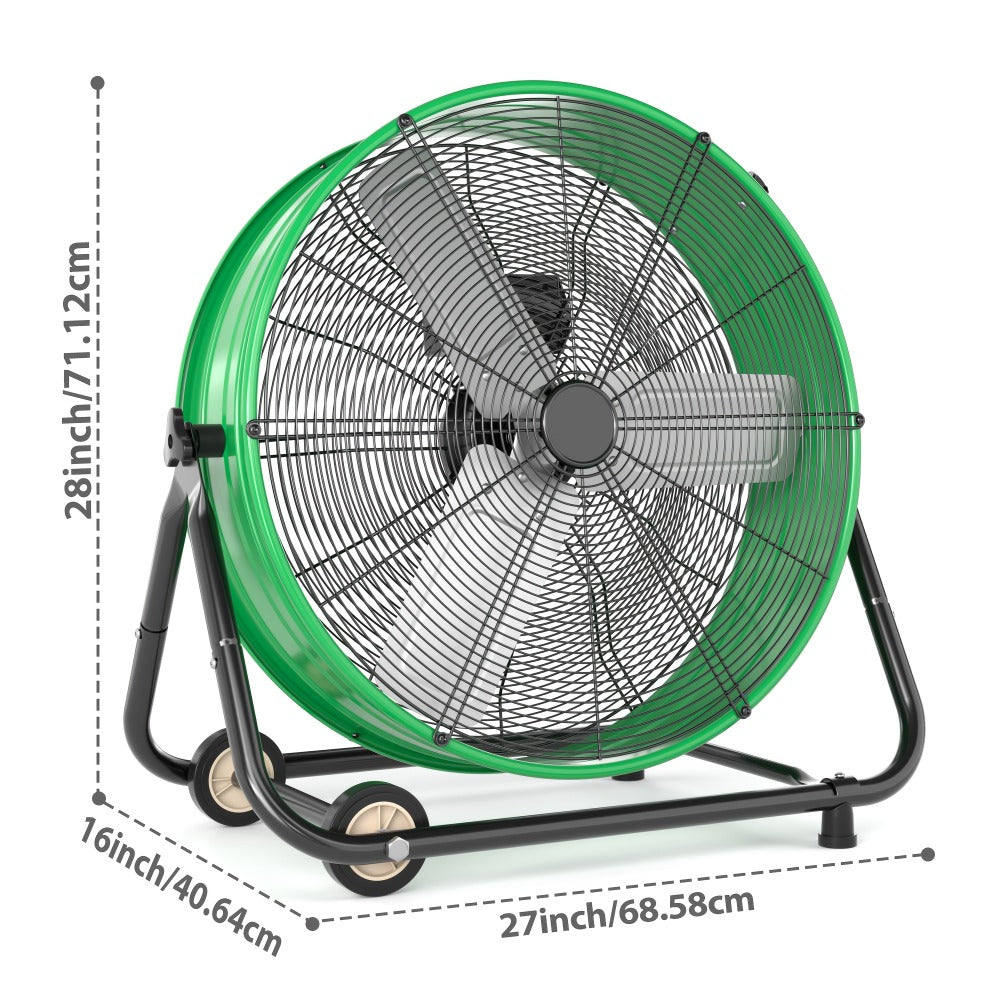 Industrial Drum Floor Fan with Three Speeds, Tilt Frame and 24- or 30-Inch Black, Orange, Green or Yellow Options