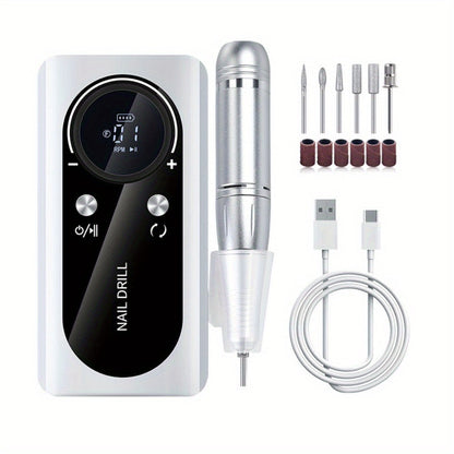 Nail Drill 45000 RPM LCD Display Adjustable Speed Cordless Electric Nail File Low Noise Manicure Machine Buffing Polishing Tool Set for Salon Home Women Nail Techs Pink White Purple