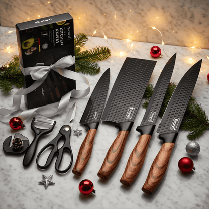 Seven-Piece Kitchen Knife Set with Four Blades, Scissors, Peeler and Sharpener, Offered in Two Styles