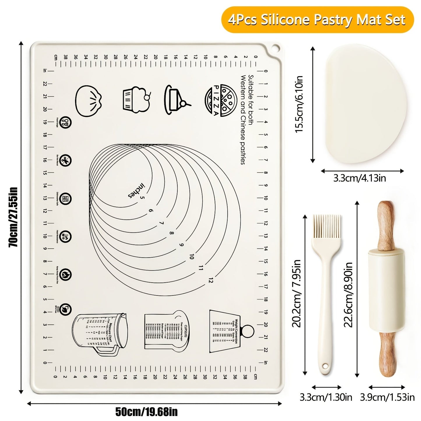 Silicone Baking Mat Set 4pcs, Extra Thick Non-Stick Pastry Mat with Measurement Scales, Non-Slip Dough Kneading Mat, Includes Rolling Pin, Dough Scraper and Storage Bag, Reusable Kitchen Baking Tools