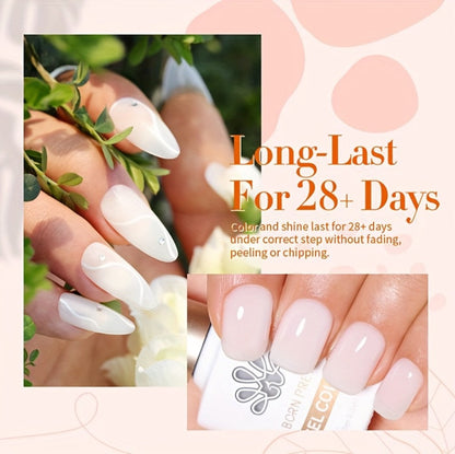 Jelly Gel Nail Polish Translucent 10ml – Glass Nail Look, 30-Day Soak-Off Semi-Permanent UV LED, Milky White Snow Glitter Pink Nude Shades, Buildable Salon Quality for Women