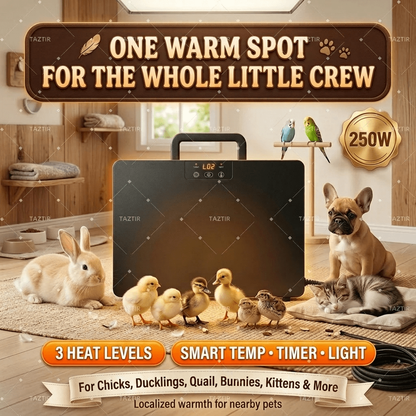 Brooder Heater 250W Heating Panel for Chicks, Ducklings & Quail | 3 Heat Levels, 4-Timer Settings, Digital Display, Dual Thermostat – Smart Heat Lamp Alternative for Coop & Brooder