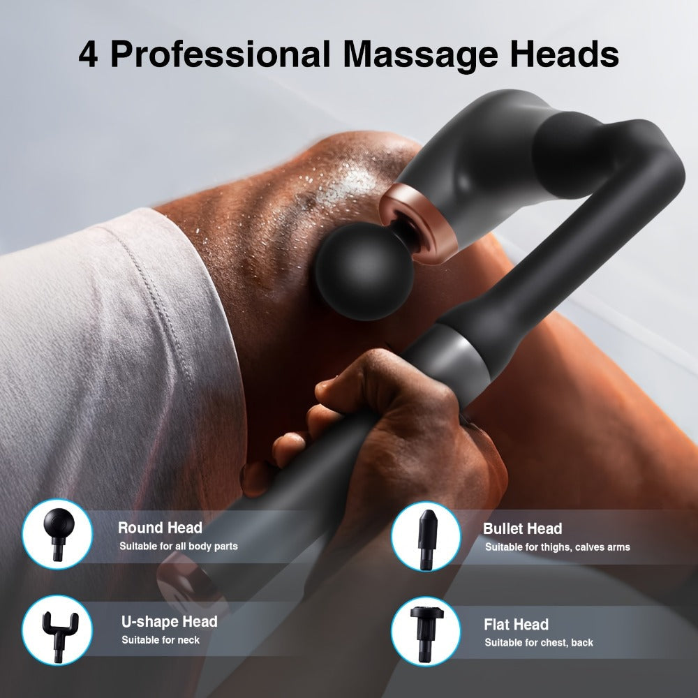 U-Shaped Massage Gun with Four Pictured Heads, 6-Level and 3-Mode Labels, Grey Finish and Long-Reach Housing