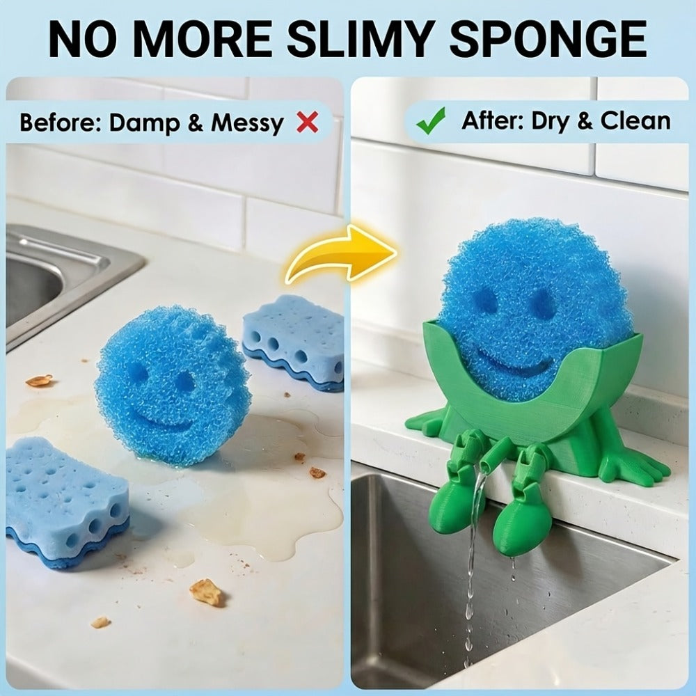 Sponge Holder for Kitchen Sink, 2-Pack Self-Adhesive Sponge Caddy with Drainage, No-Drill Wall Mount or Countertop Organizer Rack for Dishcloth Scrubber, 3D Printed Black and Green Kitchen Accessories
