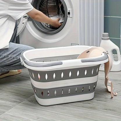Grey Collapsible Laundry Basket with Dual Carry Handles, 50 cm Length and Flat-Folding Frame