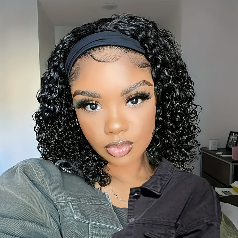 Black Curly Headband Wig in 12, 16 or 22 Inch Protected Length Options with Elastic Cap and Combs