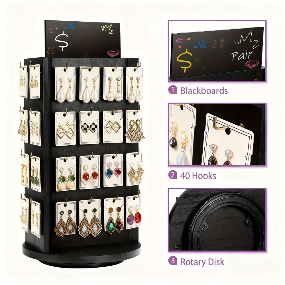 Jewelry Organizer Rotating White Display Tower with 40 Hooks and Top Sign Panel for Countertop Use