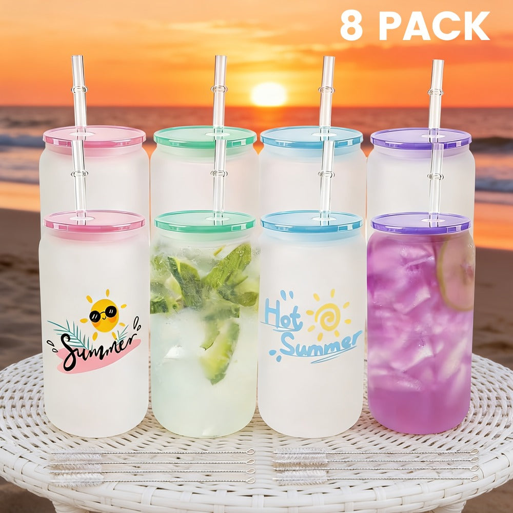 Frosted Sublimation Glass Tumblers 16oz Borosilicate Can Cups with Acrylic Lids – Set of 8 or 12 for Juice, Soda & Iced Coffee