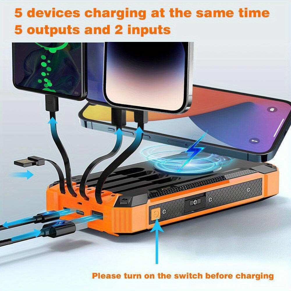 32800mAh Solar Power Bank 6 Outputs Wireless Charger – 4 Built-In Cables Dual Flashlights 15W Fast Charging, 32800 38800mAh External Battery Pack for Travel Camping GPS Emergency iPhone 17 Android