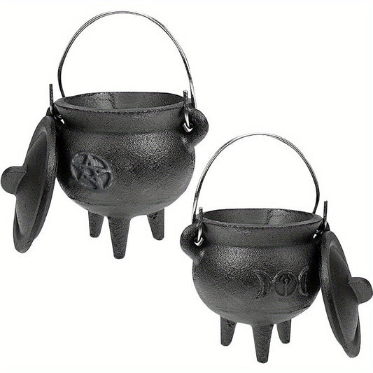 Cast Iron Cauldron with Lid & Handle – Witchcraft Incense Burner, Spell Ritual Pot, Halloween Decor, Pentagram & Triple Moon Styles, Pagan Altar Cauldron