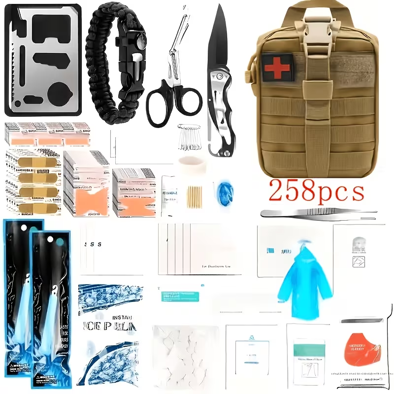 Outdoor Survival Gear Set 11/13/258-Piece – Professional Emergency Kit with Fire Starter & Compass | Multi-Tool Outdoor Equipment for Camping, Hiking & Adventure
