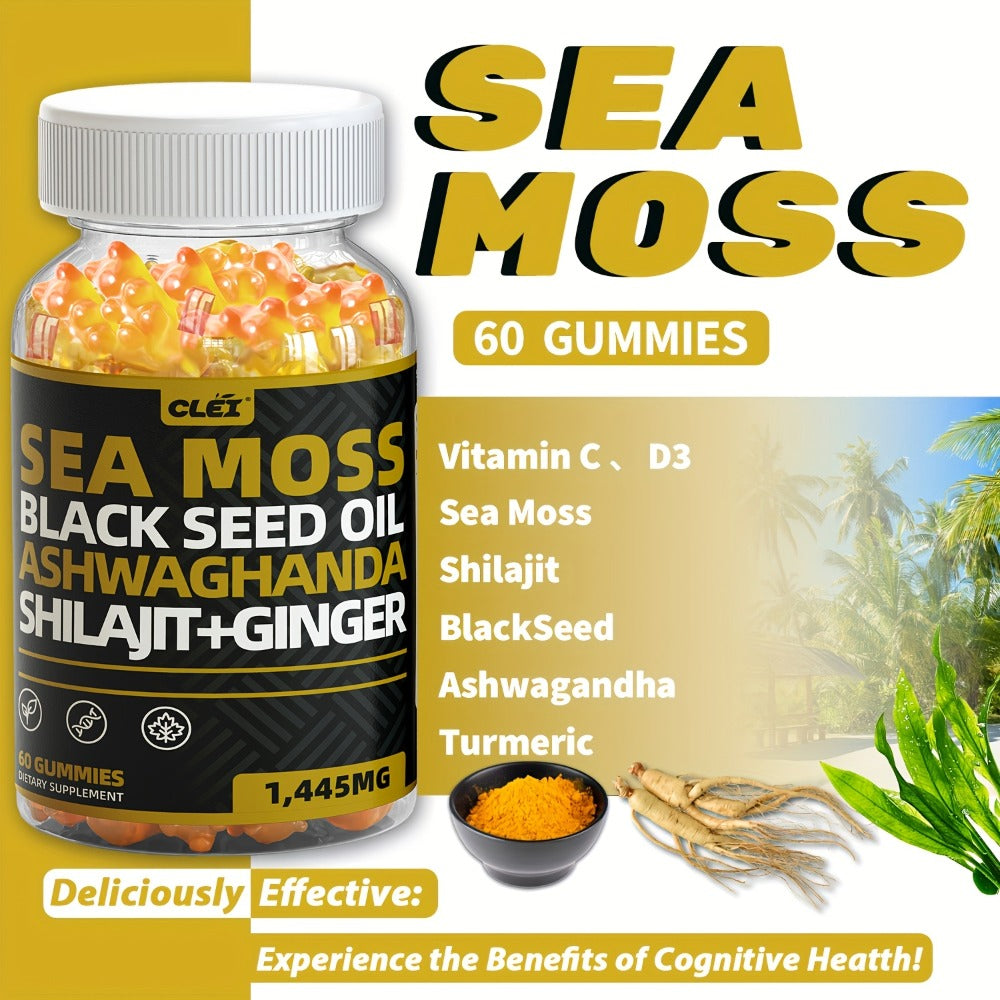 Immune Support Gummies with Sea Moss 1445mg – 10-in-1 Superfood Blend with Black Seed Oil, Ashwagandha, Elderberry, Turmeric, Bladderwrack, Chlorophyll, Shilajit & Ginger – 60 Count Daily Wellness Supplement