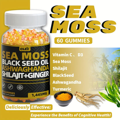 Immune Support Gummies with Sea Moss 1445mg – 10-in-1 Superfood Blend with Black Seed Oil, Ashwagandha, Elderberry, Turmeric, Bladderwrack, Chlorophyll, Shilajit & Ginger – 60 Count Daily Wellness Supplement