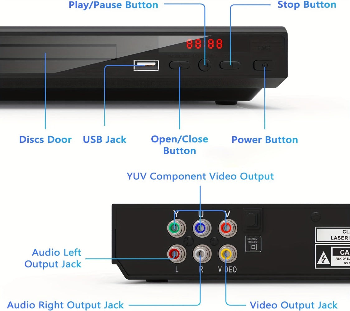 Compact Black DVD Player with USB Port, AV Output, Remote Control, RCA Cable and US Plug for Home TV