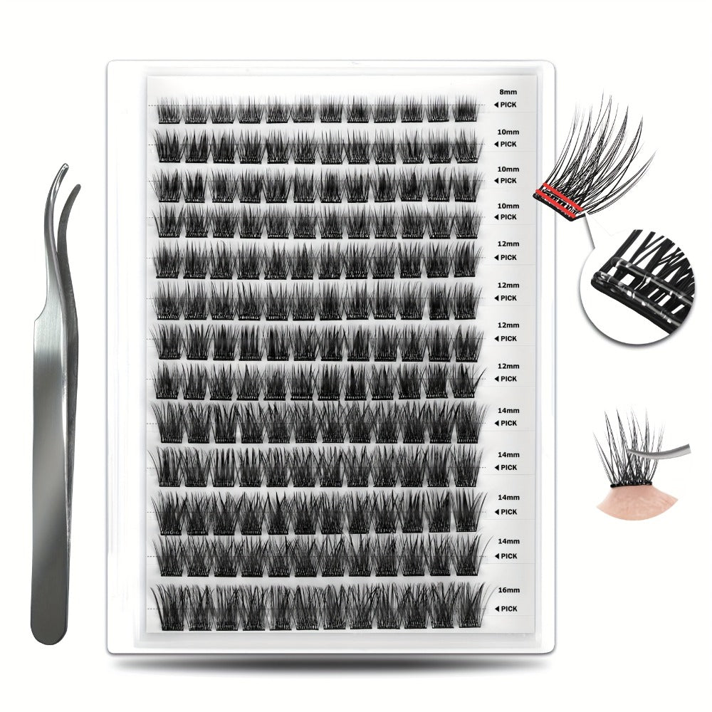 156-Piece Mixed Self-Adhesive Lash Cluster Tray with Black Tweezers and Spoolie Brush in Mixed Style