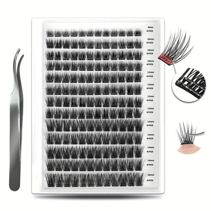 156-Piece Mixed Self-Adhesive Lash Cluster Tray with Black Tweezers and Spoolie Brush in Mixed Style