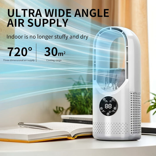 Portable Fan, USB-Powered Bladeless Tower Model with Water Mist, Remote, Touch Controls and Seven-Color LED Light