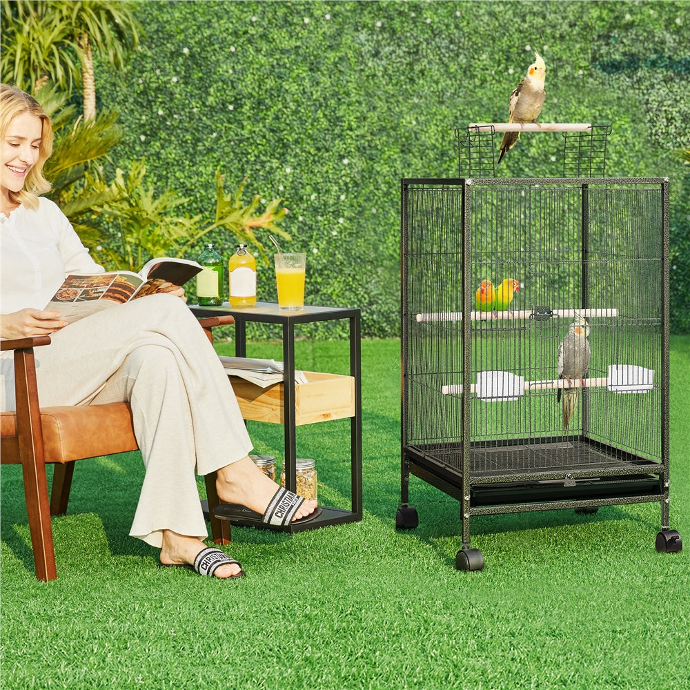 Bird Cage with Rolling Stand Open Top 31 Inch Wrought Iron Black - Slide Out Tray Feeder Doors 2 Feeders 3 Perches for Budgies Parakeets Cockatiels Canaries Finches Small Bird Home Cage