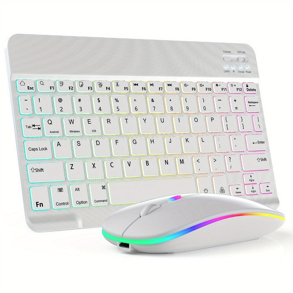 Wireless RGB Backlit Gaming Keyboard and Mouse Combo with Mouse Pad – 10-Inch Portable Keyboard Mouse Set for PC iOS Android Tablets | Rechargeable RGB Desk Setup Keyboard