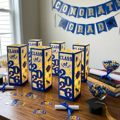 Six-Piece Class of 2026 Graduation Centerpiece Set with Paper Lantern Boxes in Six Color Themes