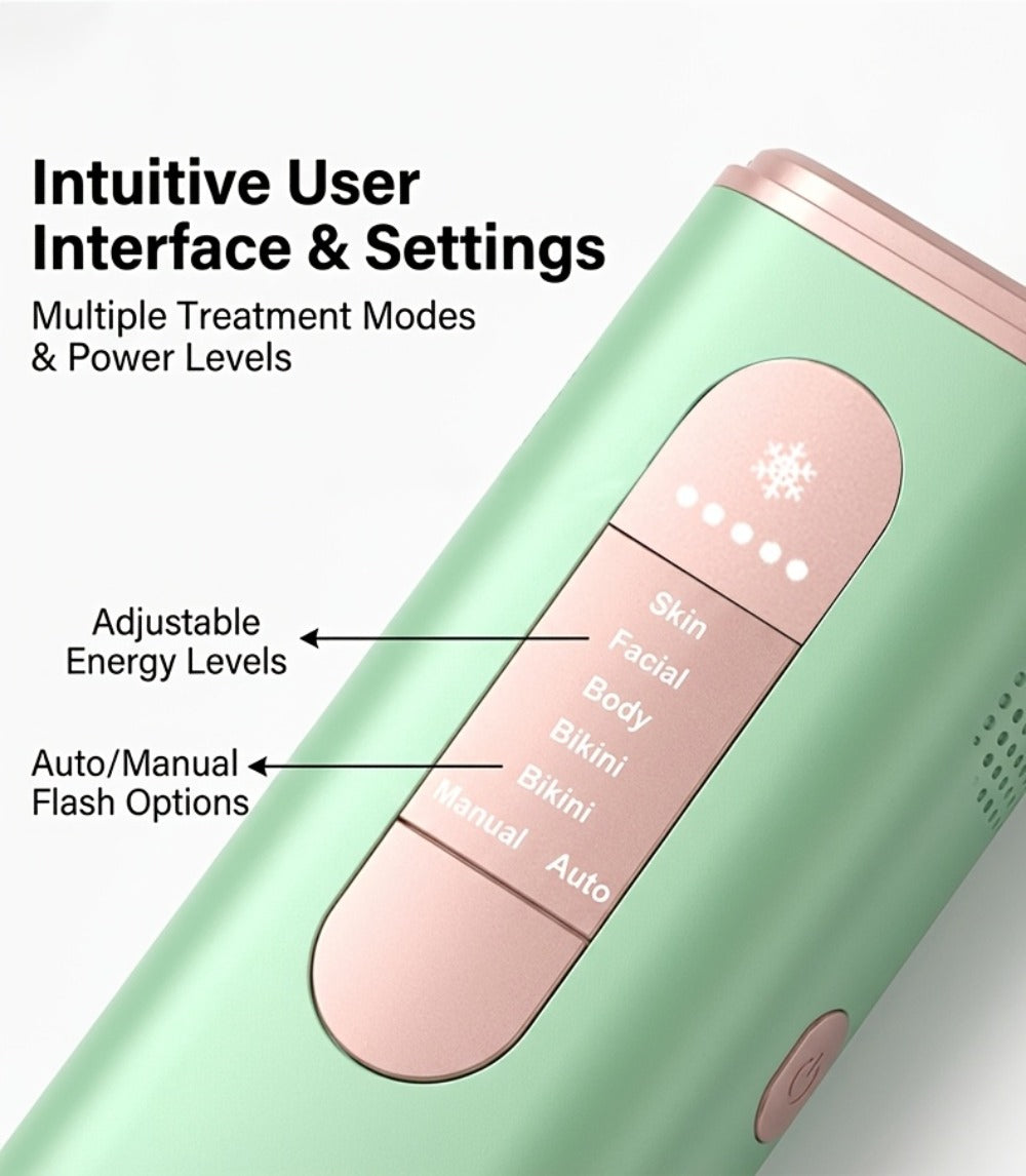Green IPL Hair Removal Device with 999900 Flash-Counter Marking, Manual and Auto Labels and Dust Cover