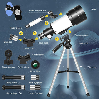 70mm Aperture Telescope 150X for Adults & Kids – Portable Astronomical Telescope with Tripod, Phone Holder, Barlow Lens & Eyepiece, Best Gift for Stargazing, Nature & Education