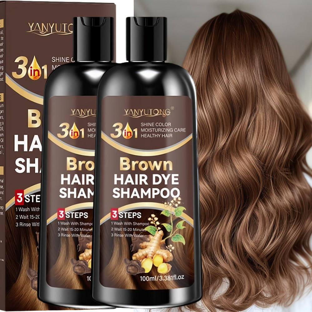 Brown Hair Dye Shampoo 2-Pack 3.38oz — Polygonum Multiflorum & Ginger Extract Covers Gray Hair, Deep Moisture Anti-Frizz Long-Lasting Natural Color, Plant-Based Unisex Hair Gift