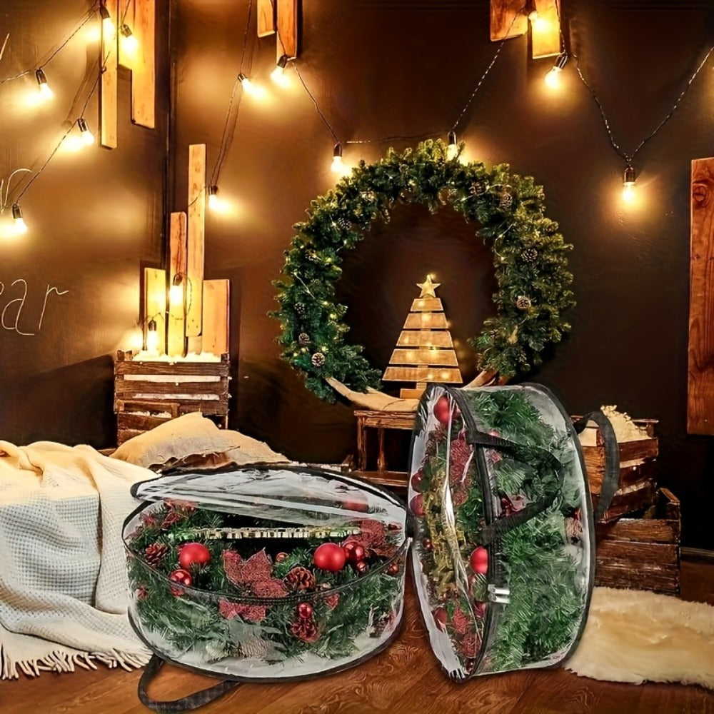 Transparent Wreath Storage Bag Sets in 24- or 30-Inch Sizes with Two- or Four-Piece Options and Handles